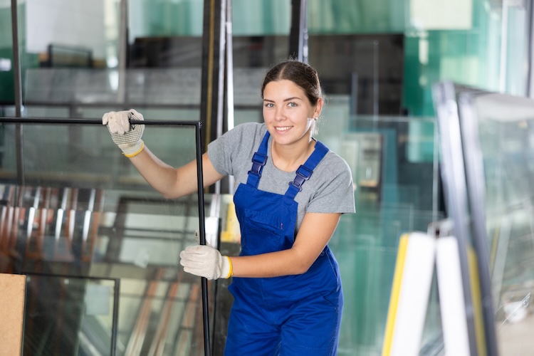 Experienced female glazier controlling quality of sheet glass in workroom