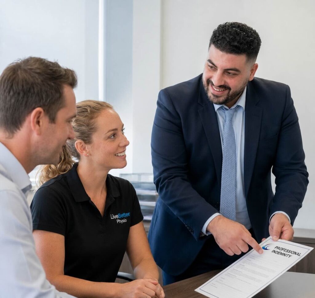Insurance broker discussing coverage with a massage therapist