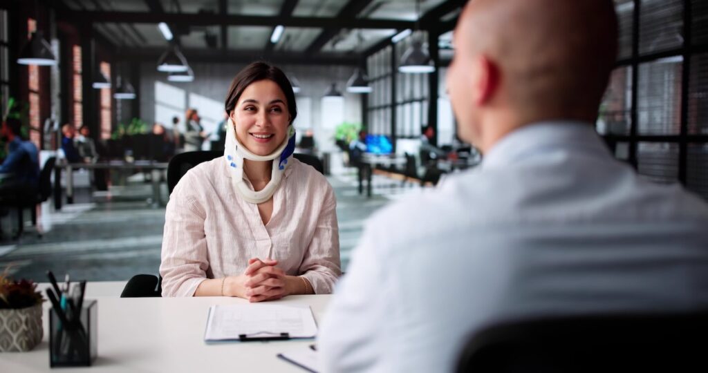 Man with contractor workers compensation insurance talking to an injured employee