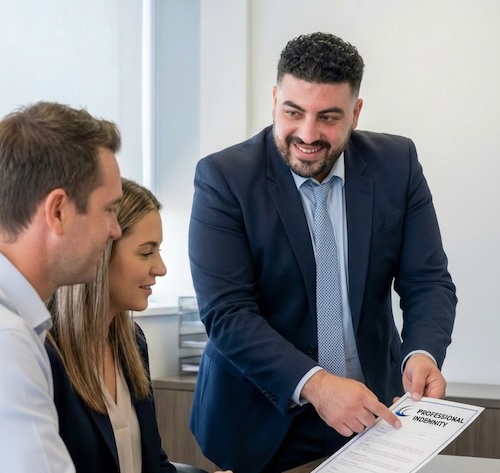 Insurance broker pointing at a contractor professional indemnity insurance contract