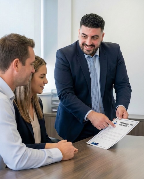 Insurance broker pointing at a contractor professional indemnity insurance contract